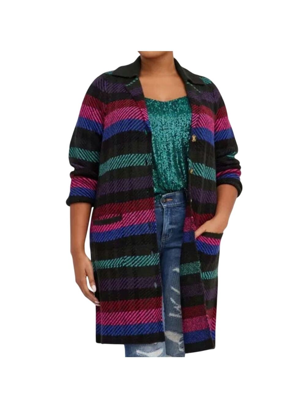 Torrid Multicolored Plaid Striped Collared Buttoned Sweater Coatigan Boho